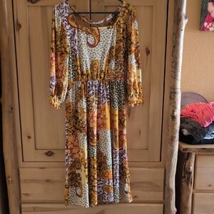 Women's Long Sleeve Boho Patchwork Midi Dress in Mustard Floral